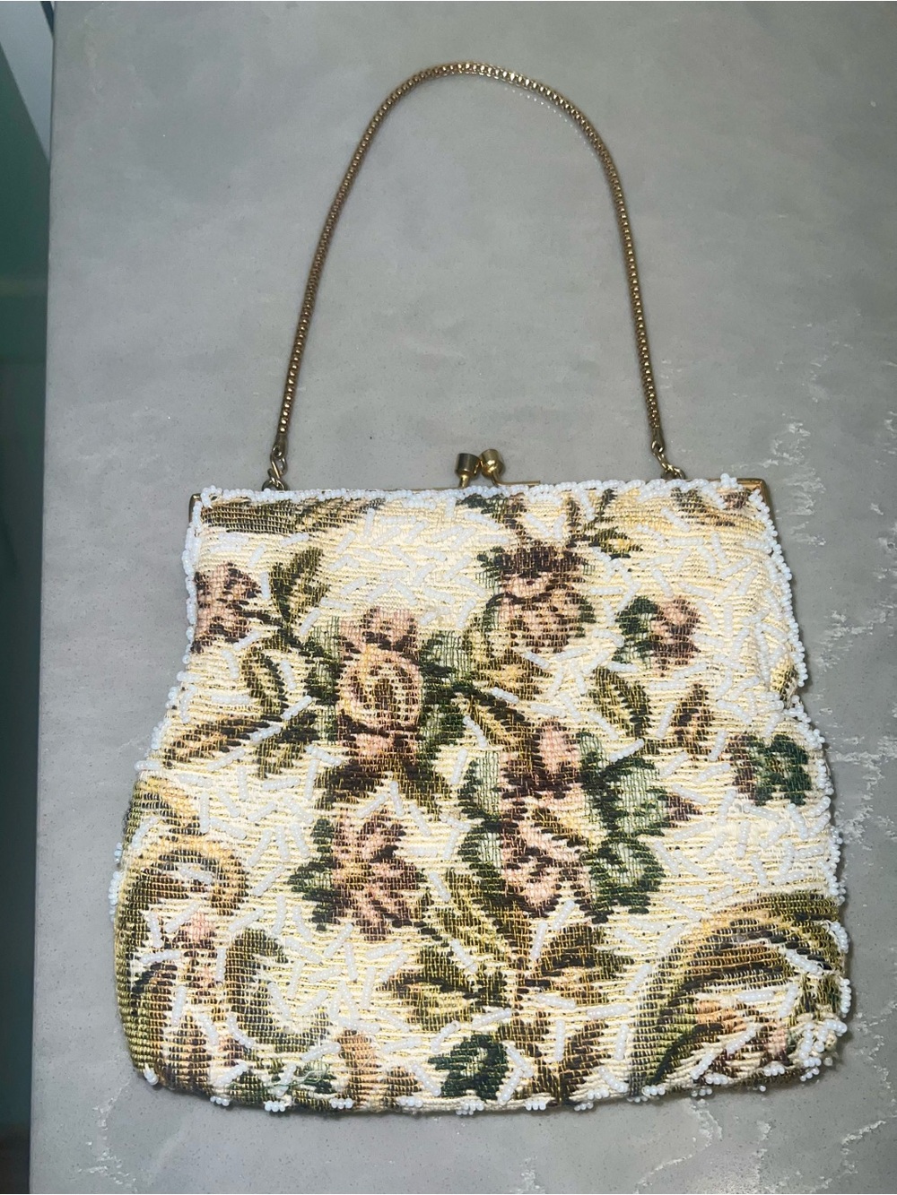 Authentic Vintage Mantessa Tapestry Purse with beading throughout